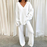 MULANA™ - Chic V-Neck Top and Wide Leg Pants Set