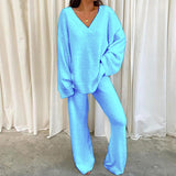 MULANA™ - Chic V-Neck Top and Wide Leg Pants Set