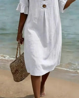 Vanesa | Linen Textured Dress with Puff Sleeves and Buttons
